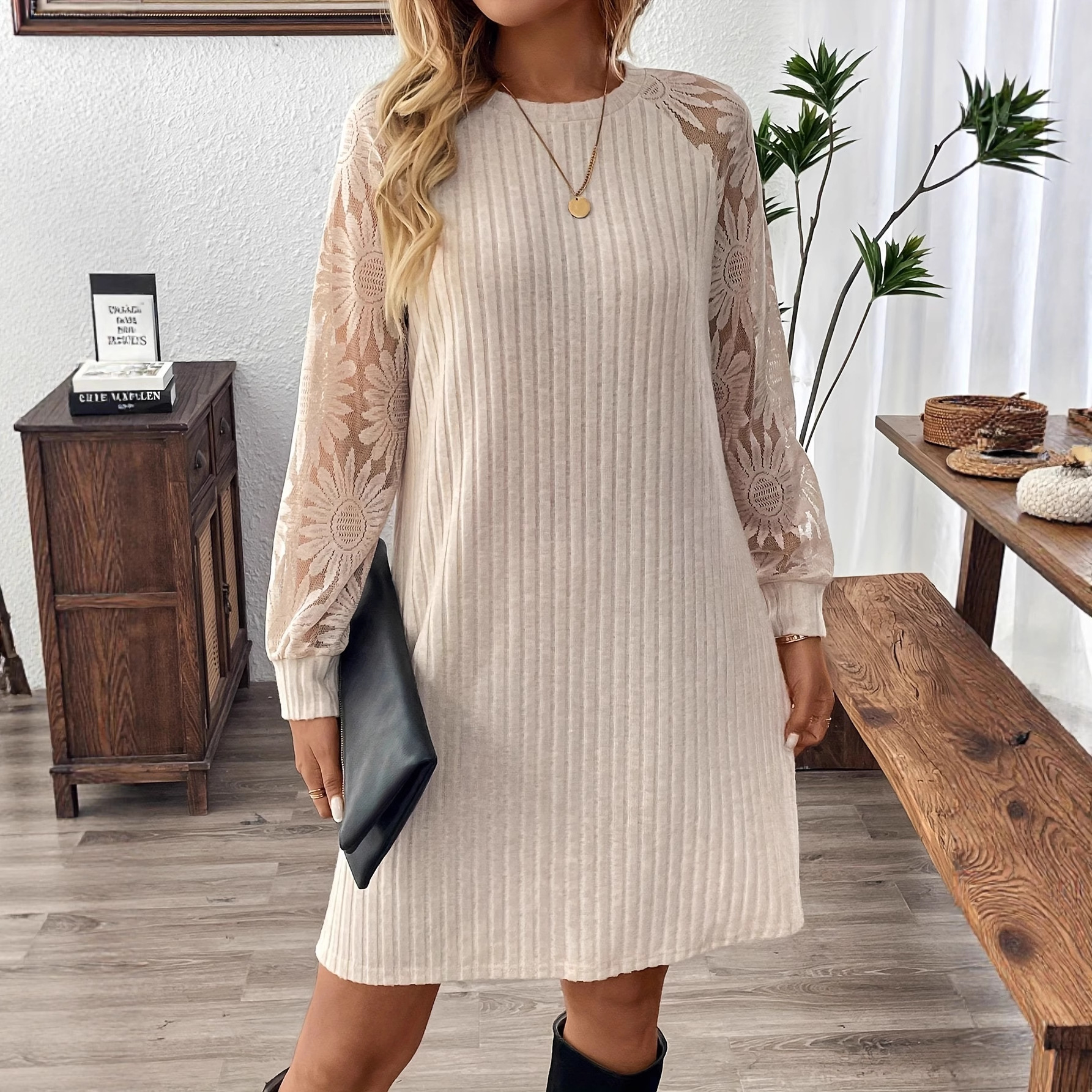 Solid Color Jacquard Spliced Long-Sleeve Midi Dress