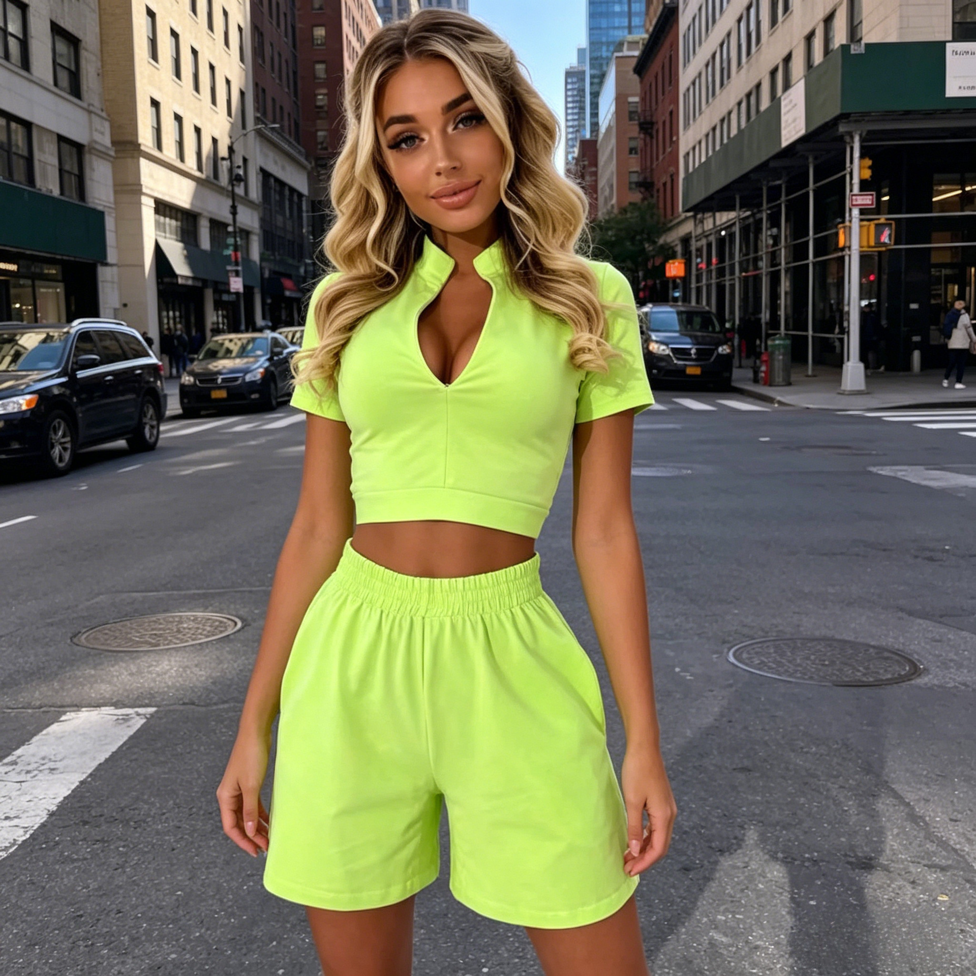 Women's Summer Short Sleeve Zip Top and Shorts Two-Piece Set