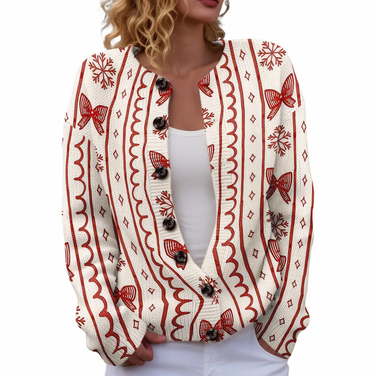 Women's Heart Ribbon Bow Cherry Print Cardigan