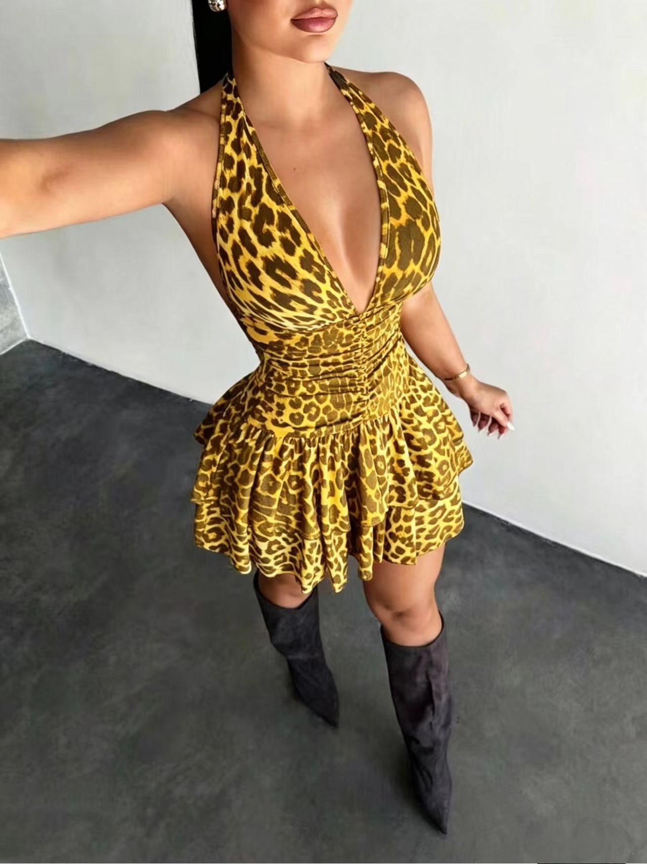 American Retro Leopard Print Backless Lace-Up Bodycon Mini Dress