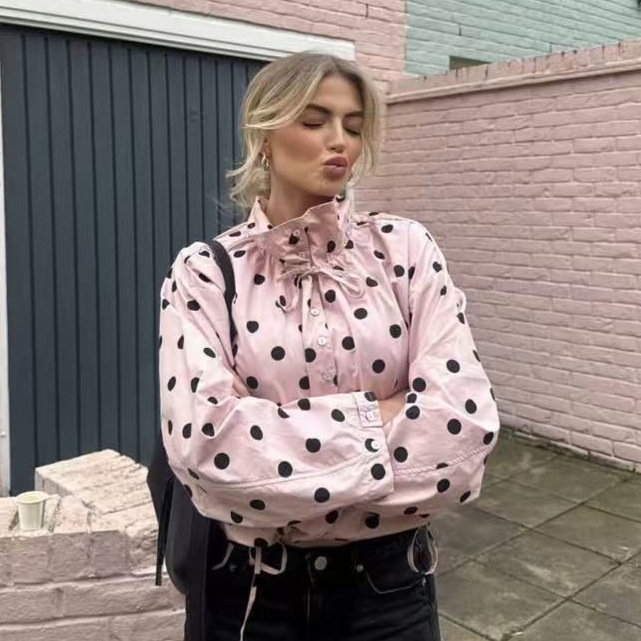 Women's Polka Dot Stand Collar Long Sleeve Casual Jacket