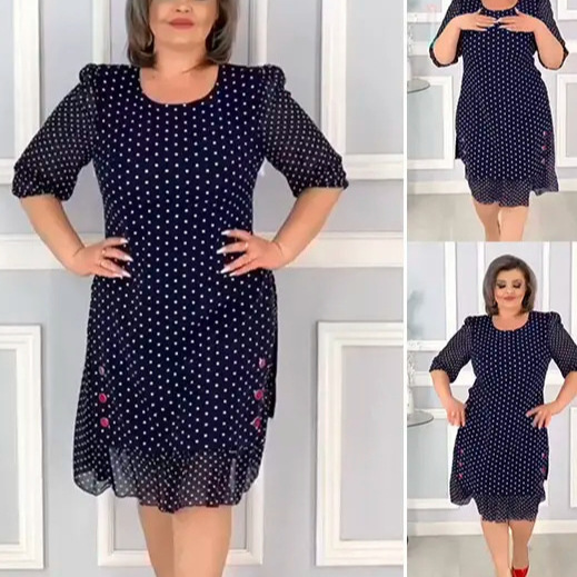 Women's Polka Dot Midi Dress Round Neck Short Sleeve A-Line