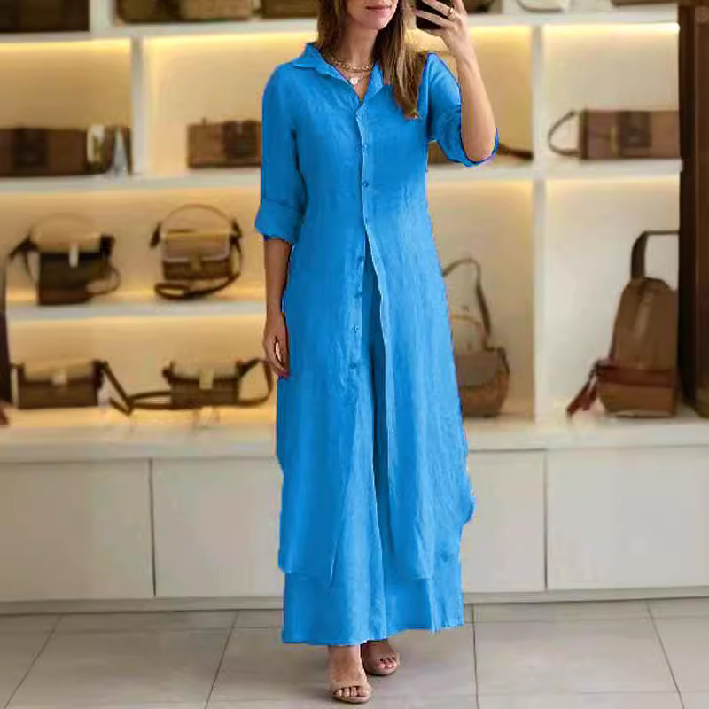 Urban Elegant Cotton-Linen Slim Waist Long Shirt & Wide-Leg Pants Set