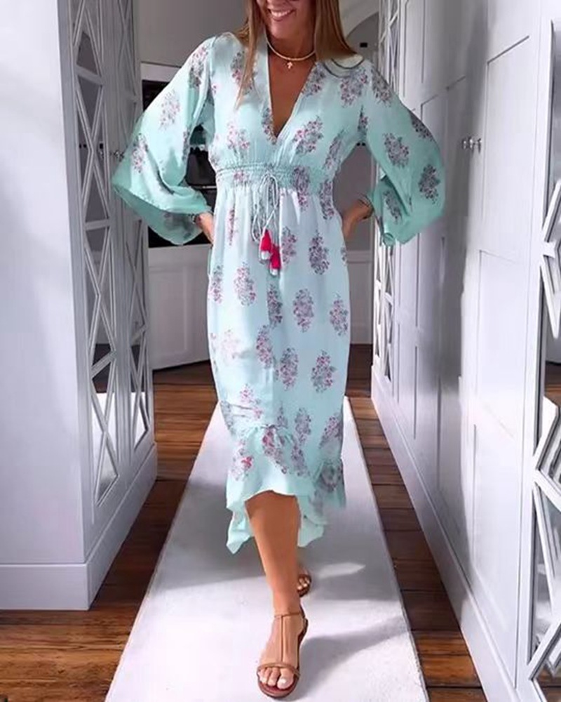 Women's Casual Floral Print V-Neck Long Sleeve Maxi Dress