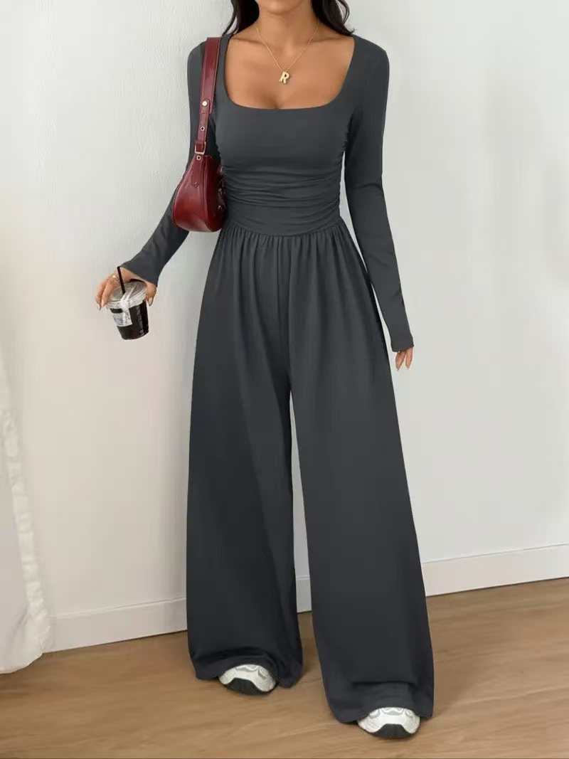 Women's Solid Color Long Sleeve Wide Leg Jumpsuit Casual Minimalist