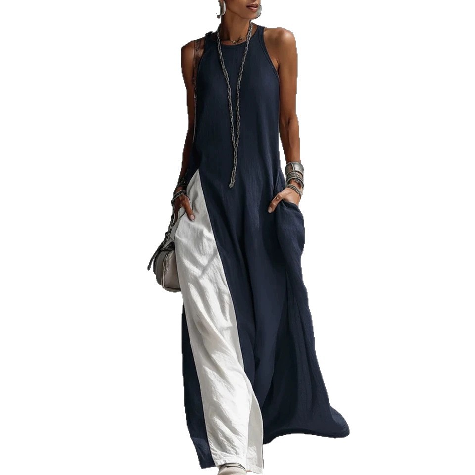 Off-Shoulder Sleeveless Colorblock Maxi Dress with Pockets