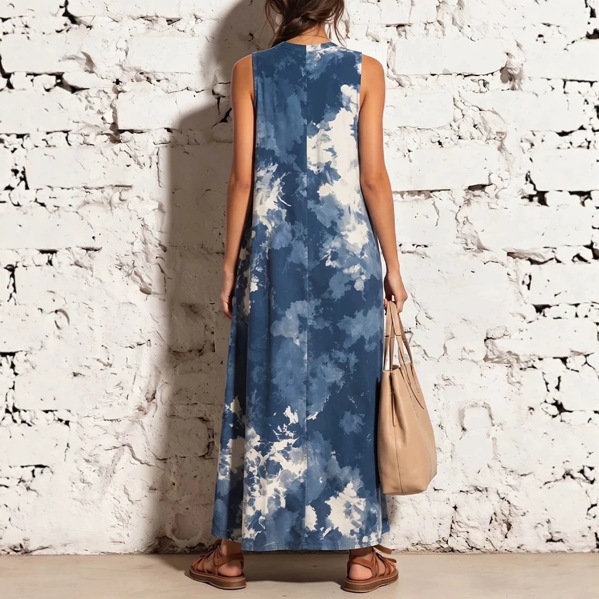 Women's Summer Round Neck Dress Solid Color Pocket Casual Straight Midi