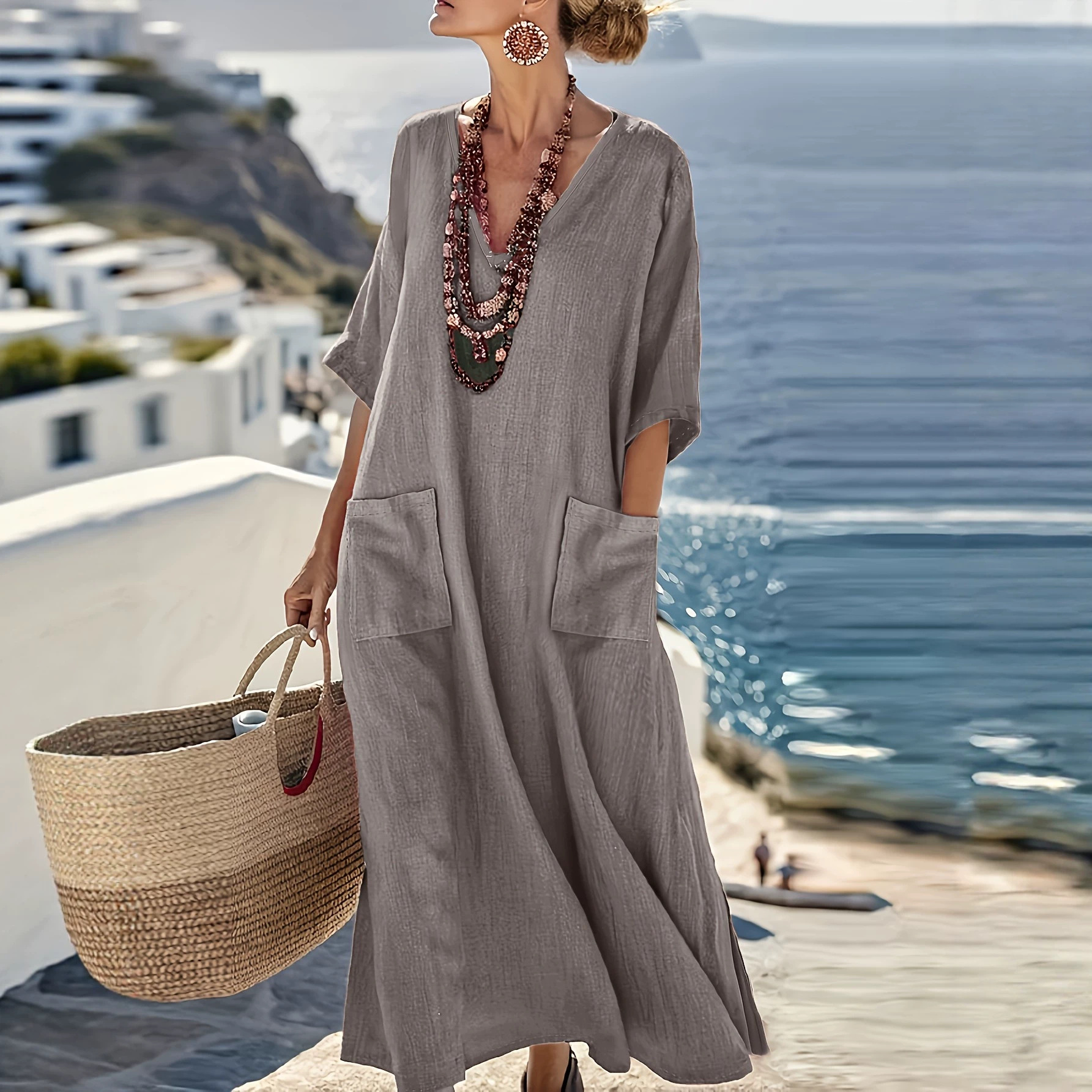 Women's Solid Color V-Neck A-Line Midi Dress Casual