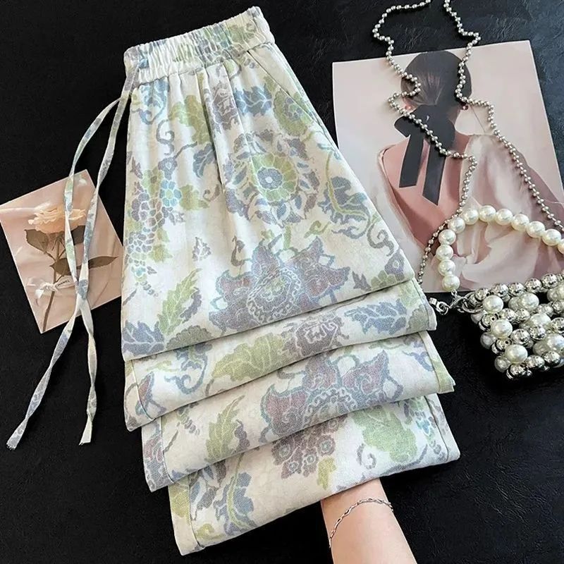 Printed Wide-Leg Pants for Women Lightweight High-Waist Straight-Leg Casual