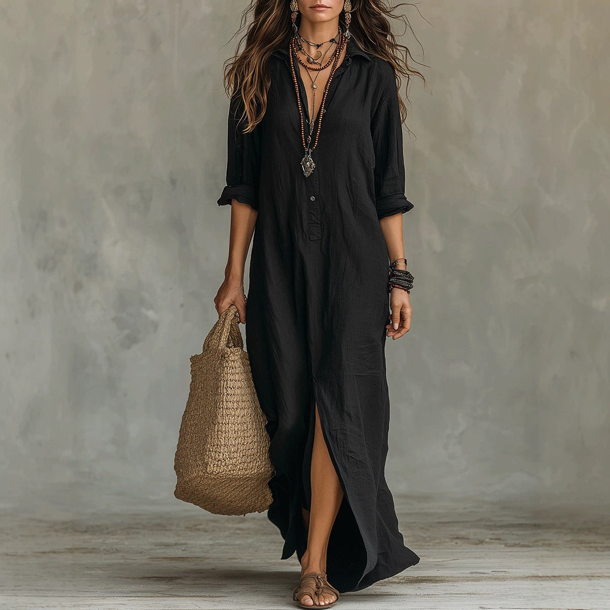Women's Casual Solid Color Lapel Front Slit Long Dress