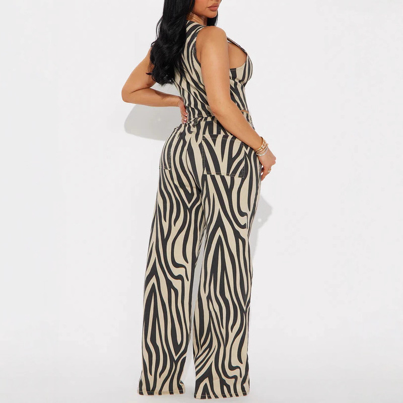 Zebra Striped Sleeveless Vest and Wide-Leg Pants Two-Piece Set