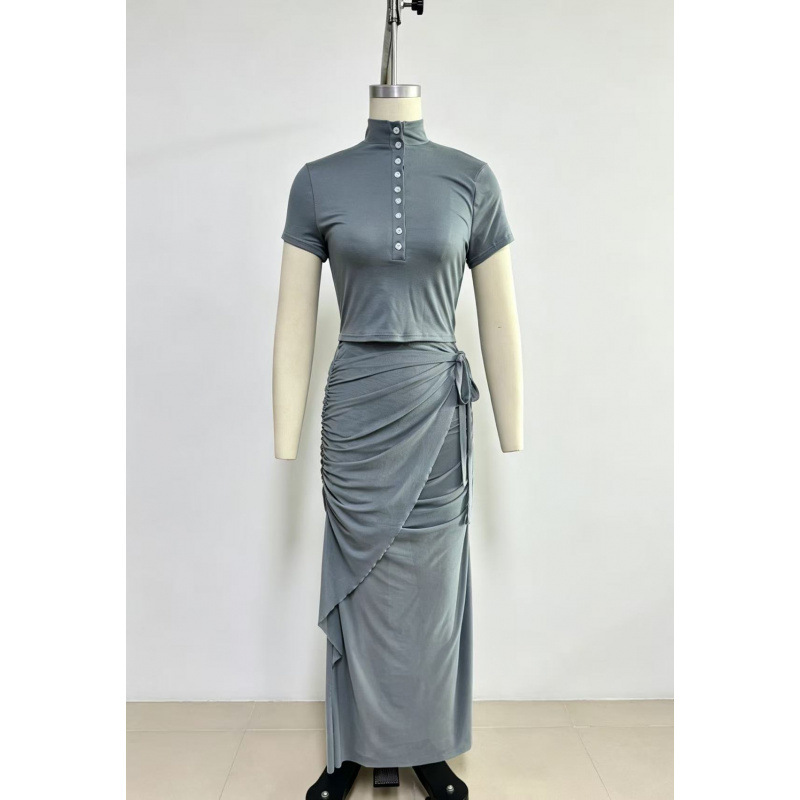 Slim-Fit Mock-Neck Top and Chiffon Skirt Two-Piece Set