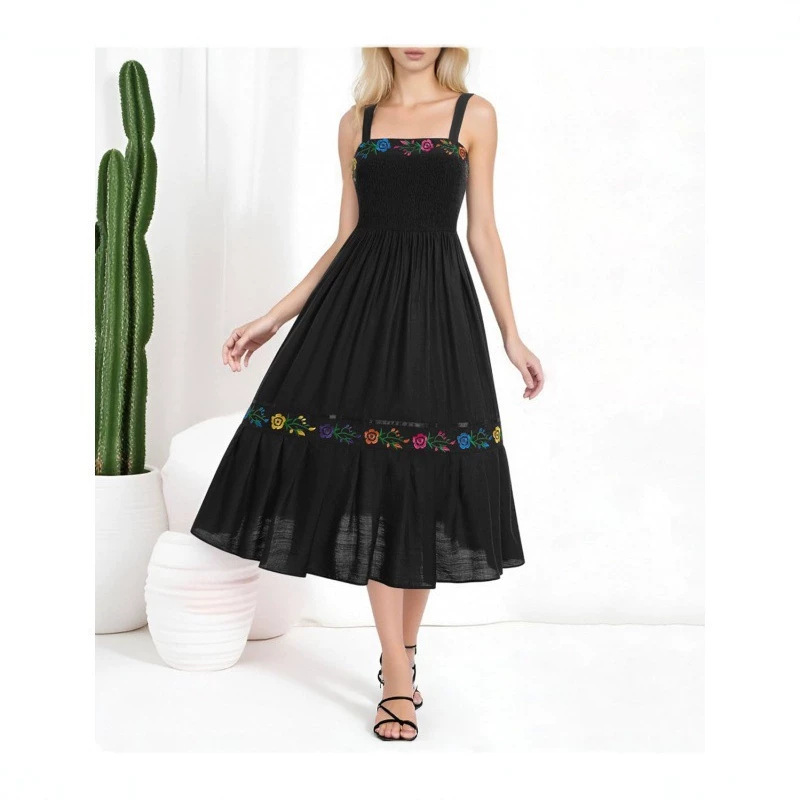 Floral Embroidered Sleeveless A-Line Midi Dress
