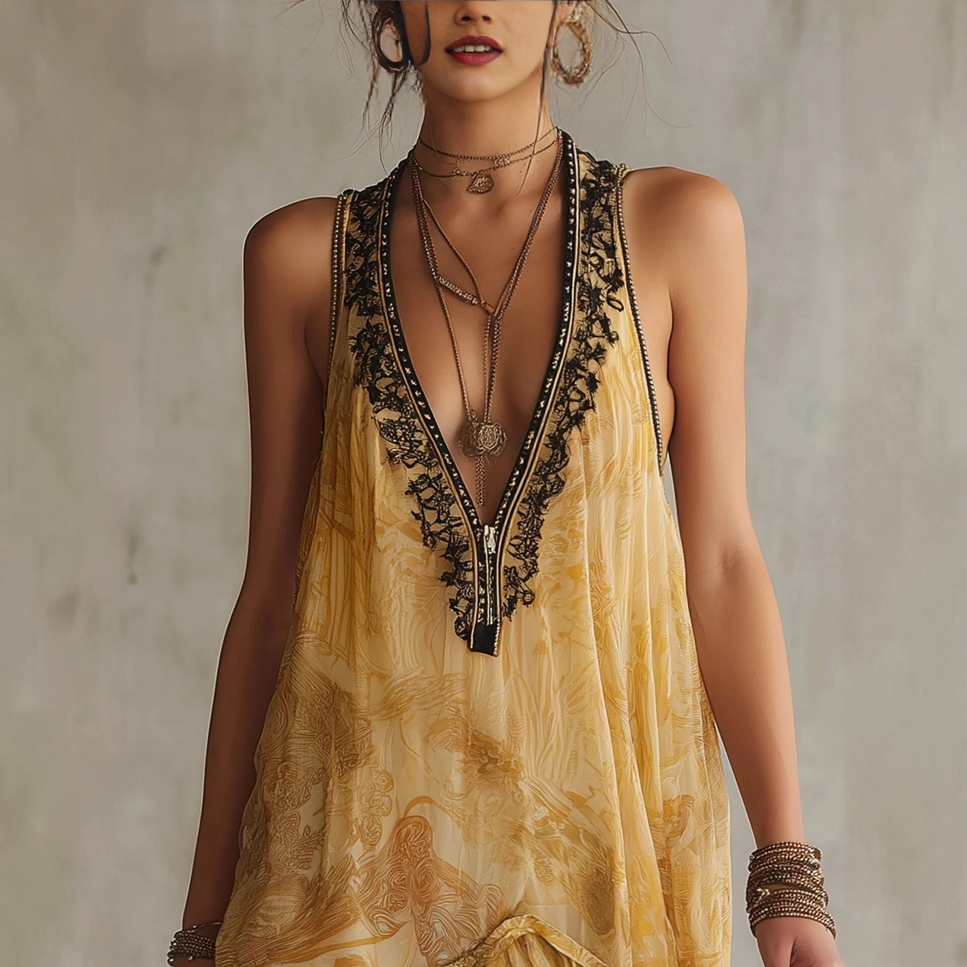 Yellow Floral Print V-Neck Lace Trim Cami Dress with Asymmetric Hem