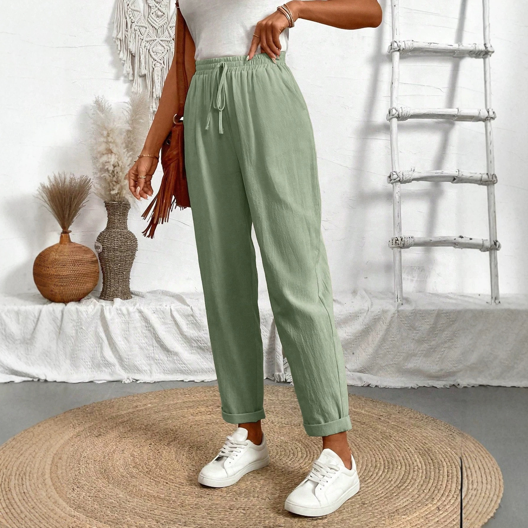 Cotton-Linen High-Waist Wide-Leg Cropped Pants Breathable Straight Tapered