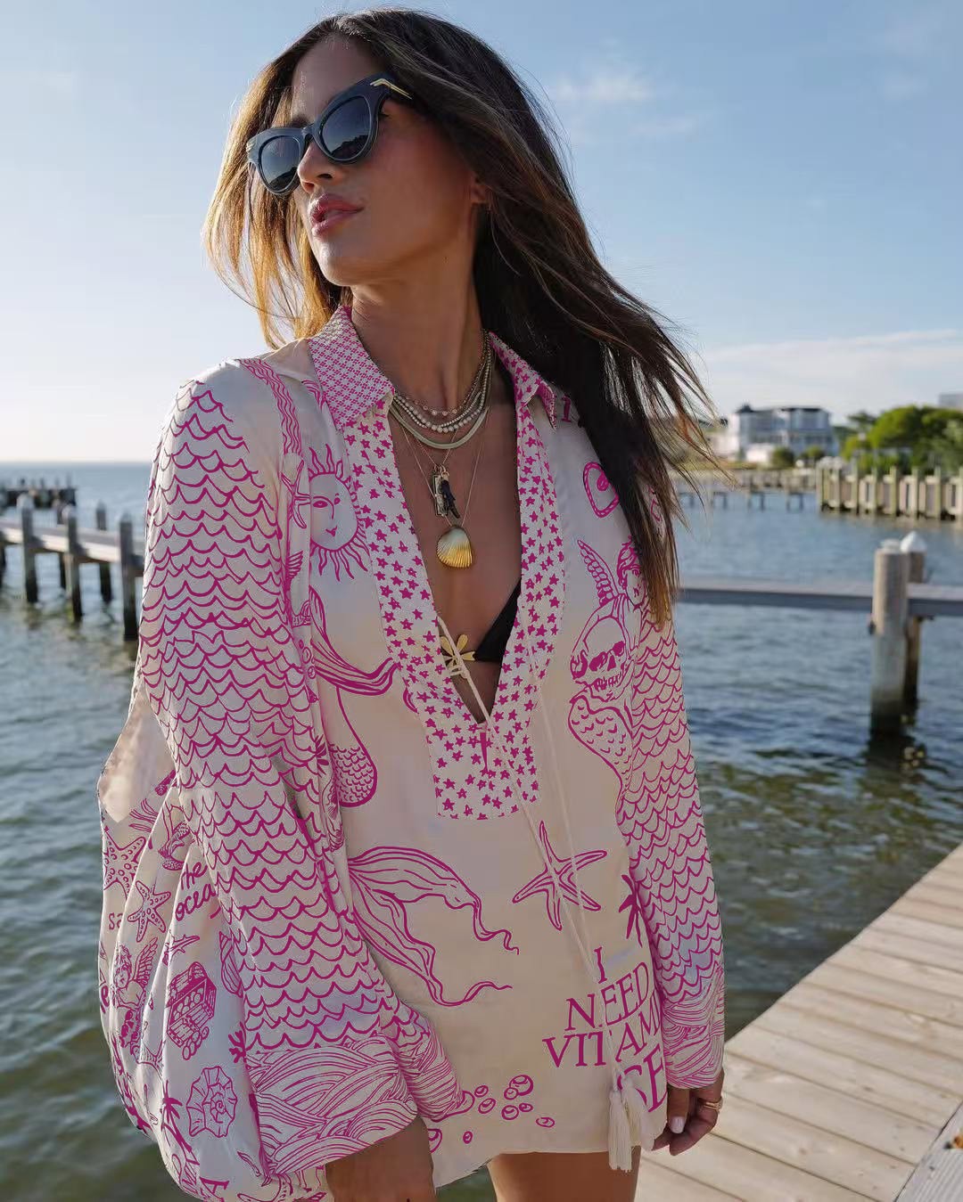 Printed Low-Neck Long-Sleeve Top and Shorts Two-Piece Set