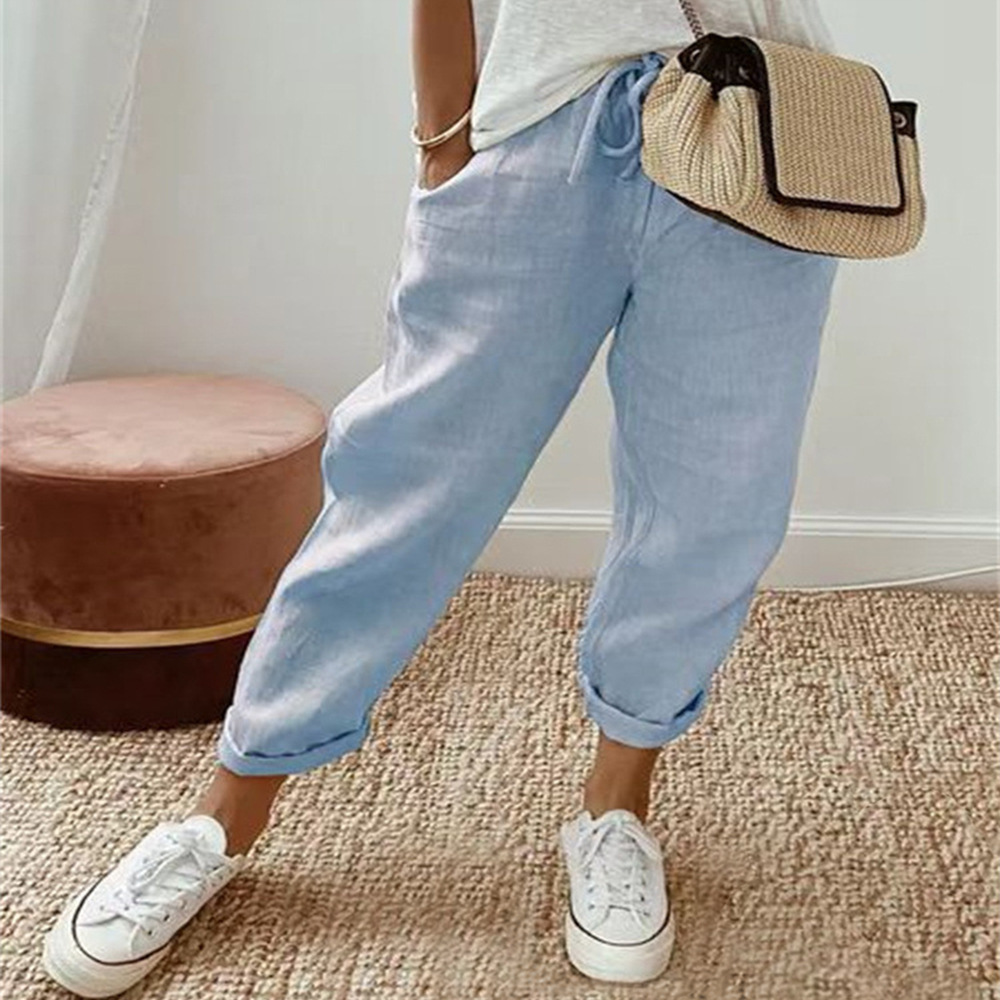 Women's Cotton-Linen Elastic Waist Casual Pants with Pockets