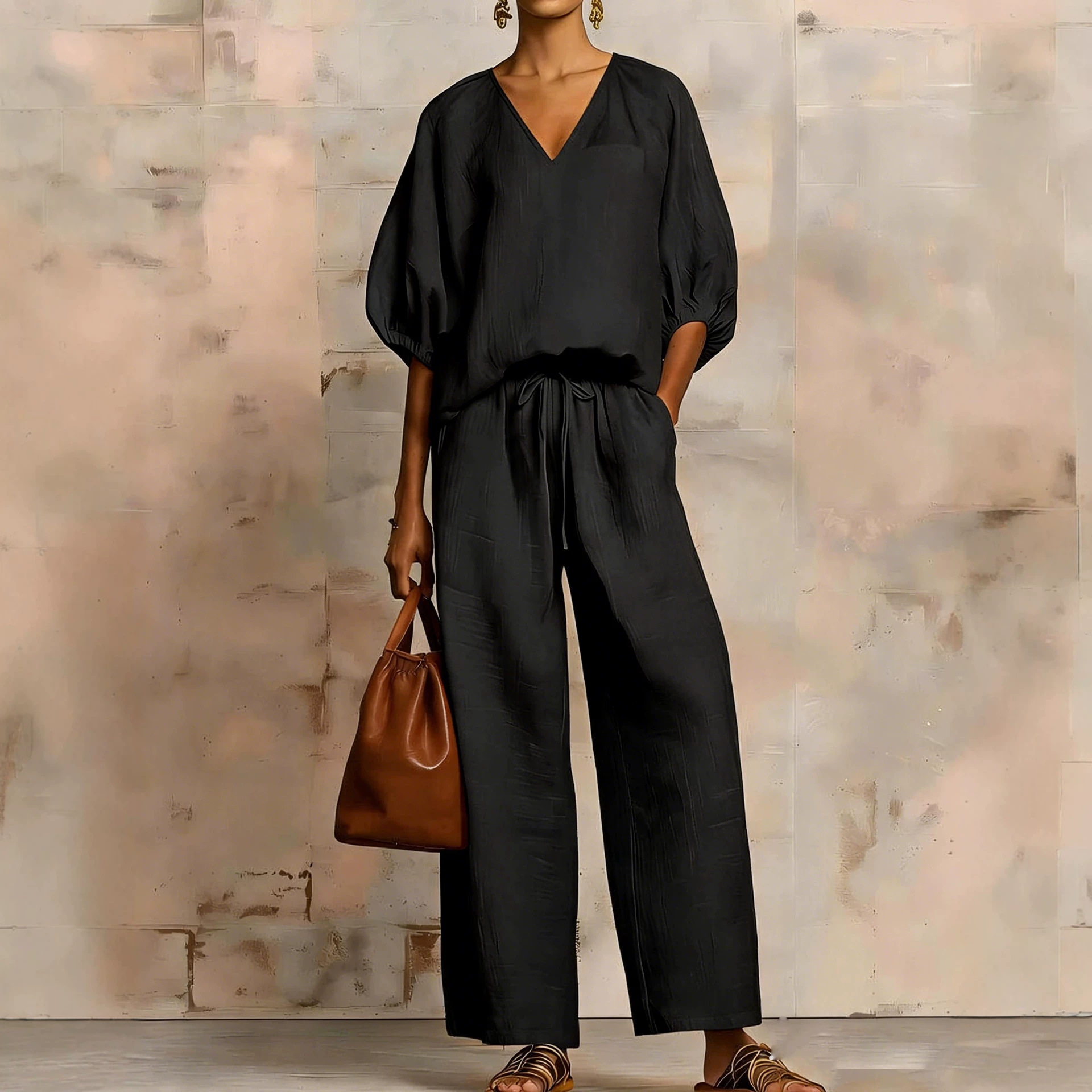 Women's Minimalist V-Neck Two-Piece Set Solid Color Loose Casual
