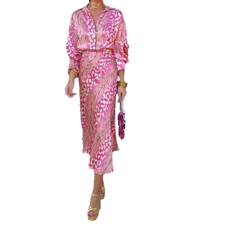 Elegant Printed High-Waist Two-Piece Skirt Set with Collared Top
