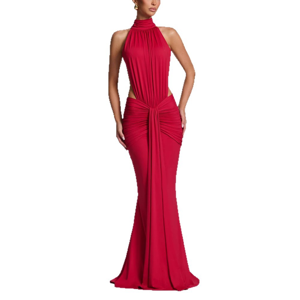 Women's Halter Neck Ruched Bodycon Maxi Dress High Neck Open Back Evening Gown