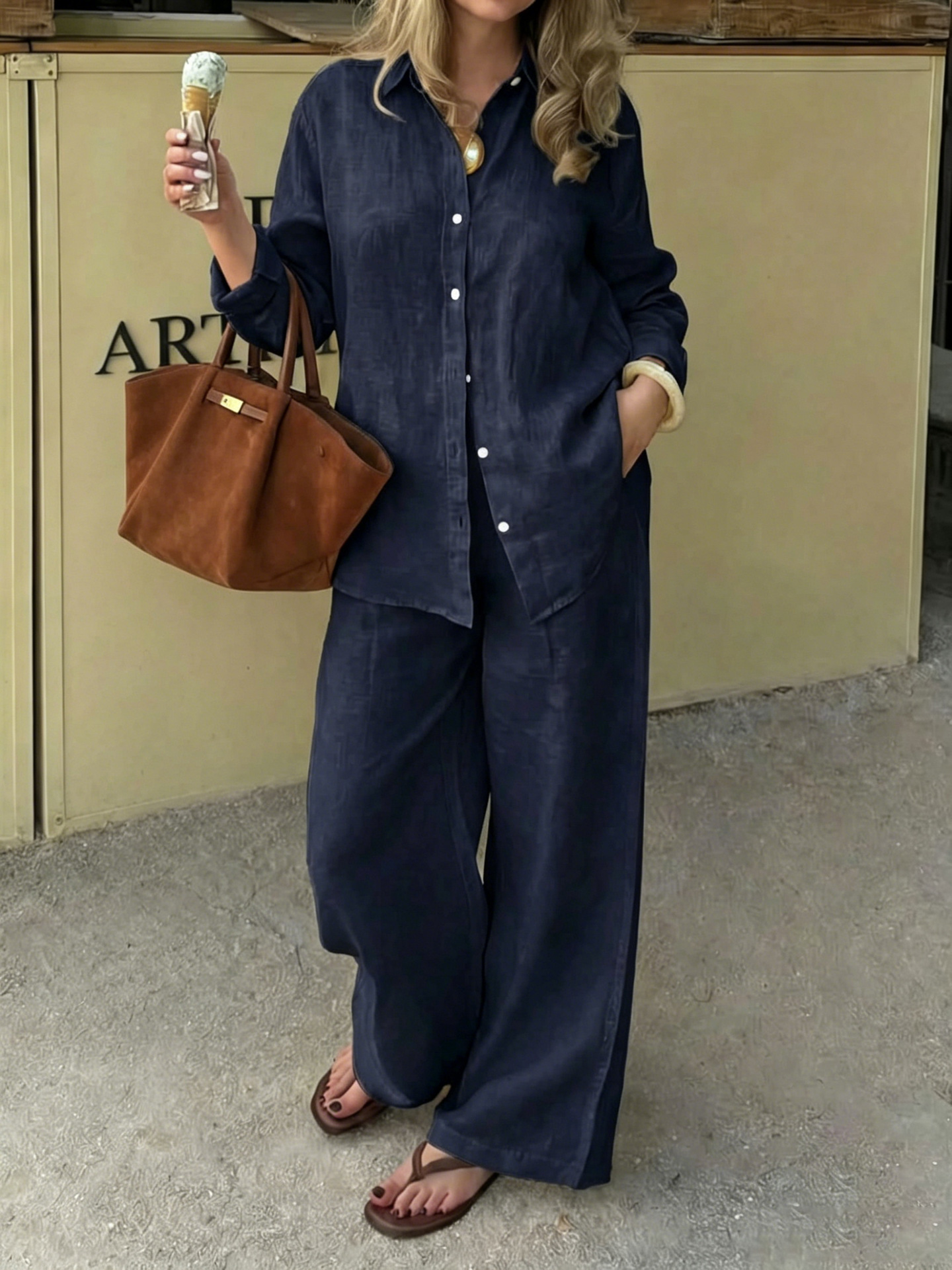 Minimalist Two-Piece Collared Long-Sleeve Shirt & Wide-Leg Pants Casual Commuter Set