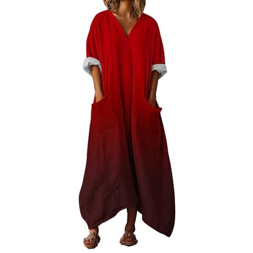 Women's Colorful Gradient A-Line Midi Dress with Deep V-Neck and Long Sleeves