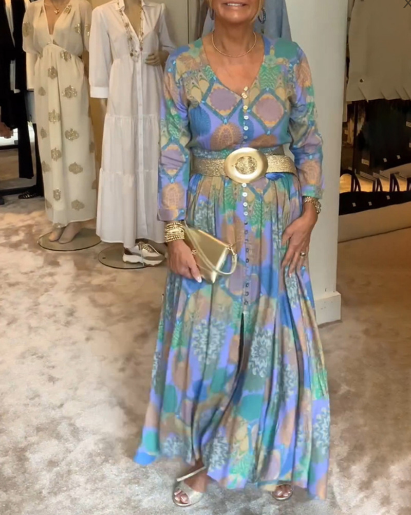 Floral Print V-Neck Long Sleeve Belted Maxi Dress
