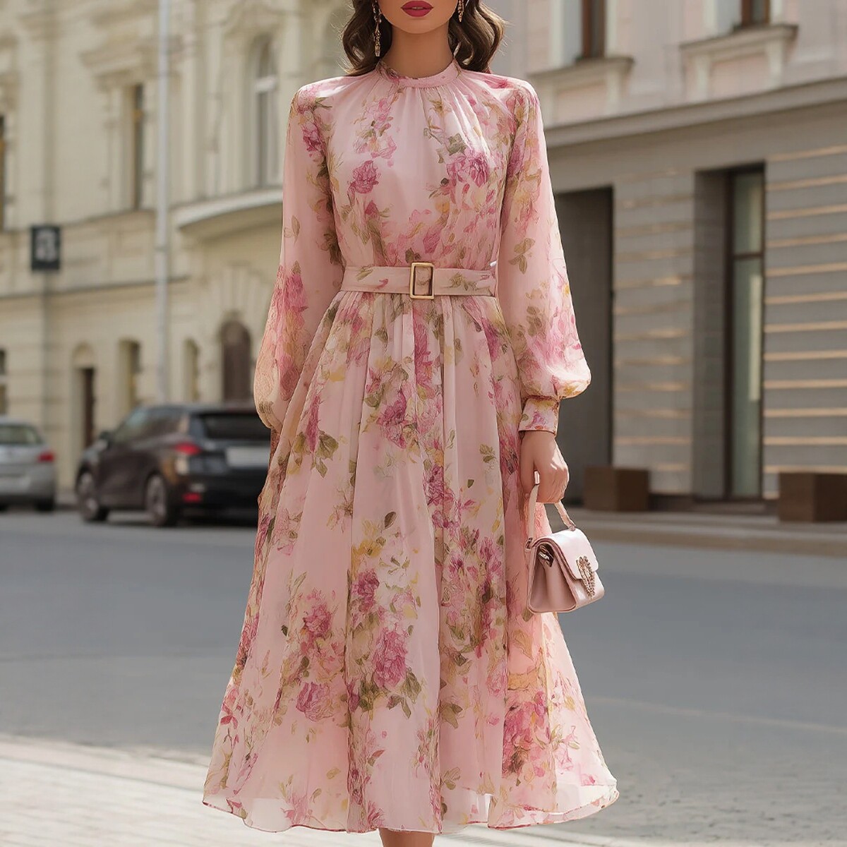 Printed Long Sleeve Tie-Waist Midi Dress with Bubble Sleeves