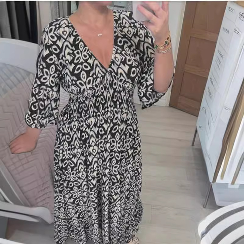 Women's V-Neck Floral Print Loose Long Beach Dress