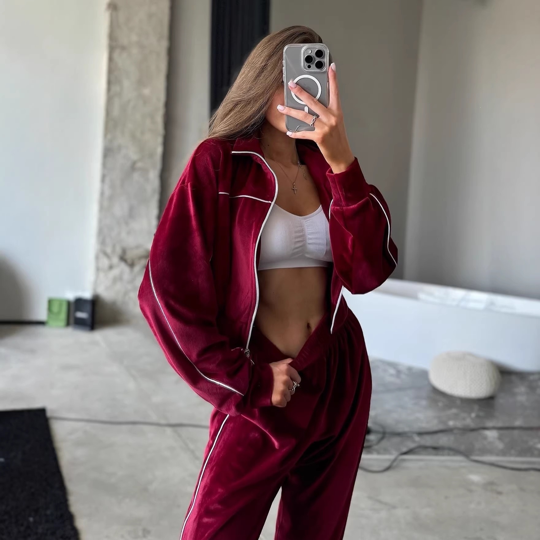 Women's Striped Two-Piece Set Long Sleeve Zip Cardigan & Elastic Wide-Leg Pants