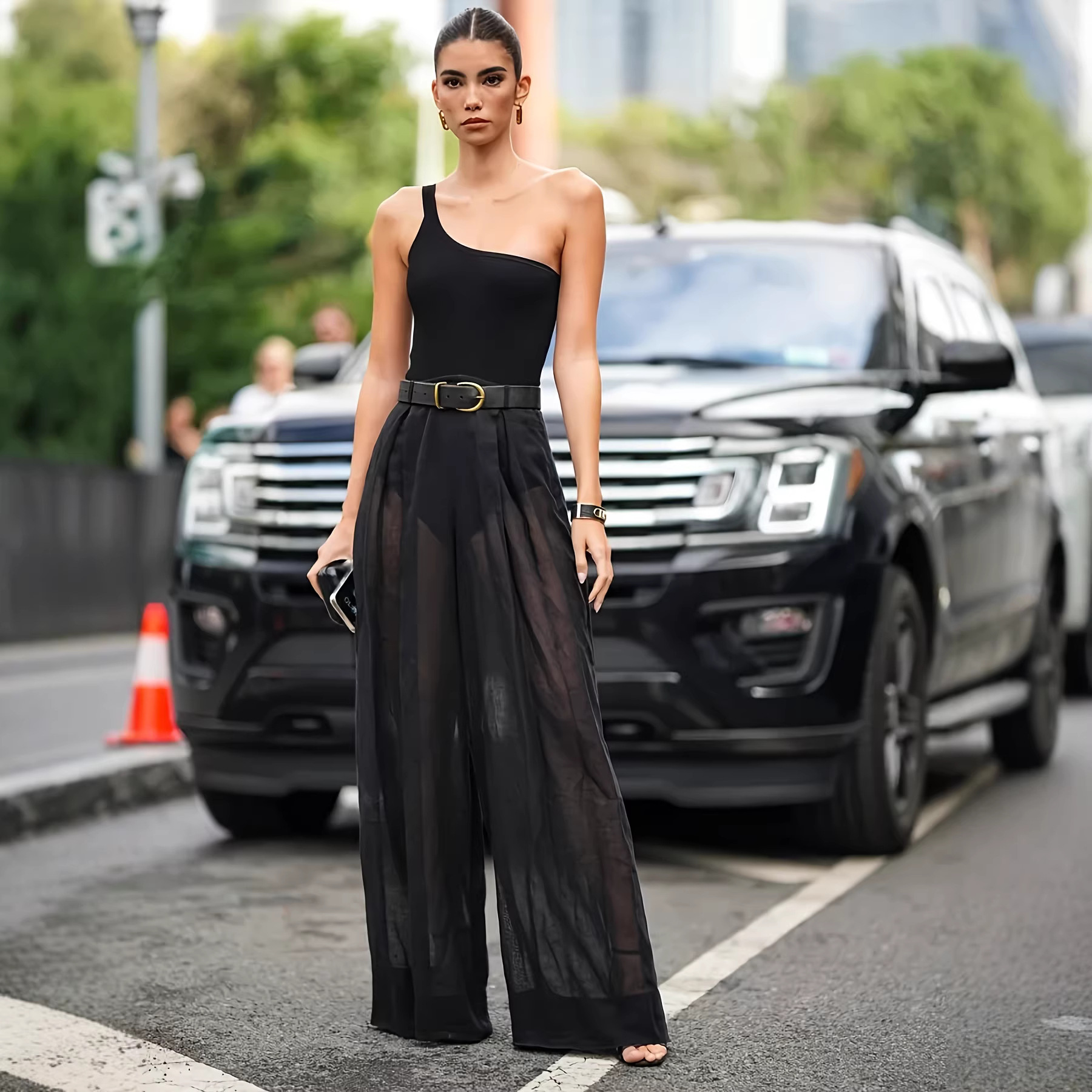 Asymmetric One-Shoulder Bodysuit & Sheer High-Waist Wide-Leg Pants Set