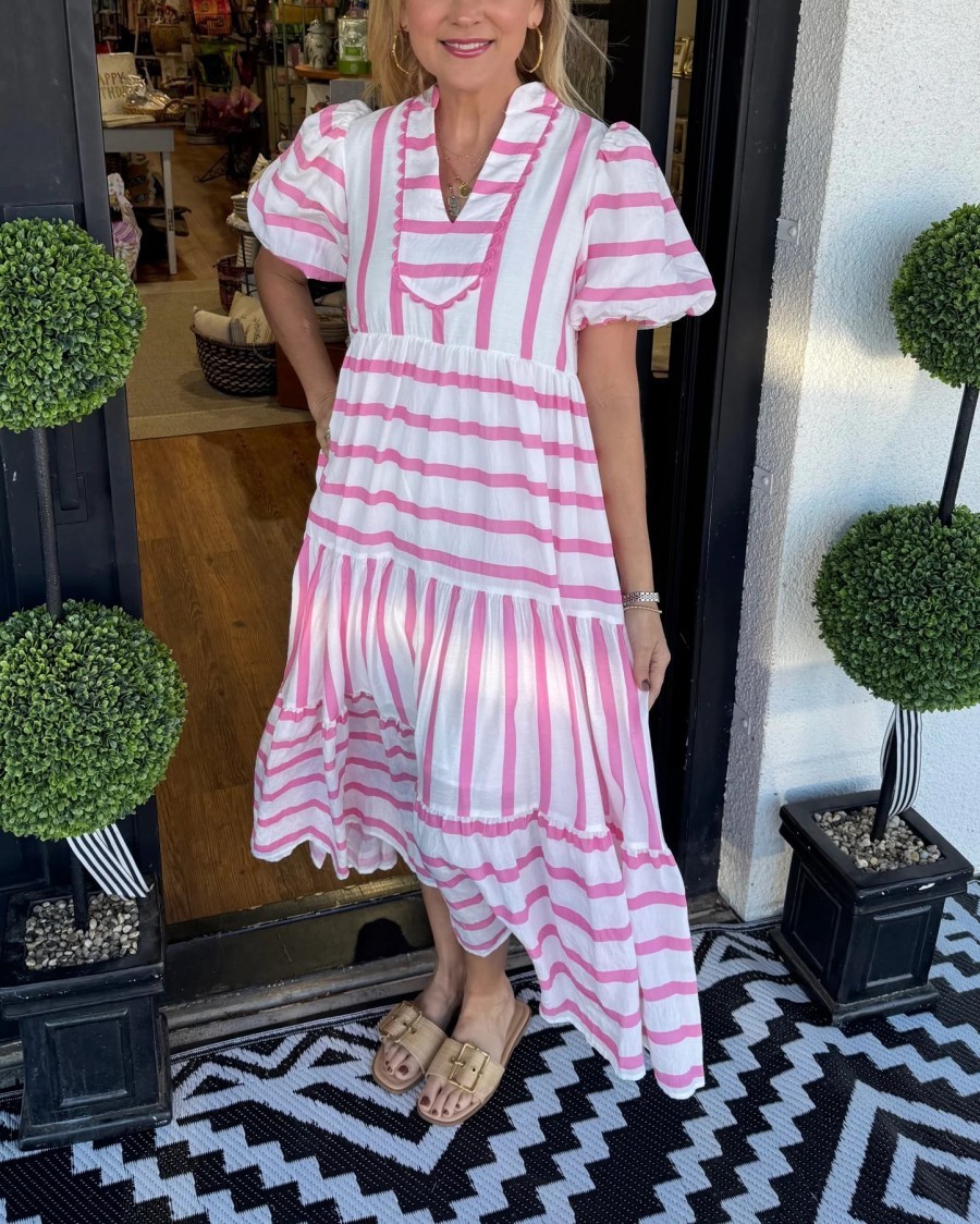 Striped Long Dress with V-Neck and Lantern Sleeves