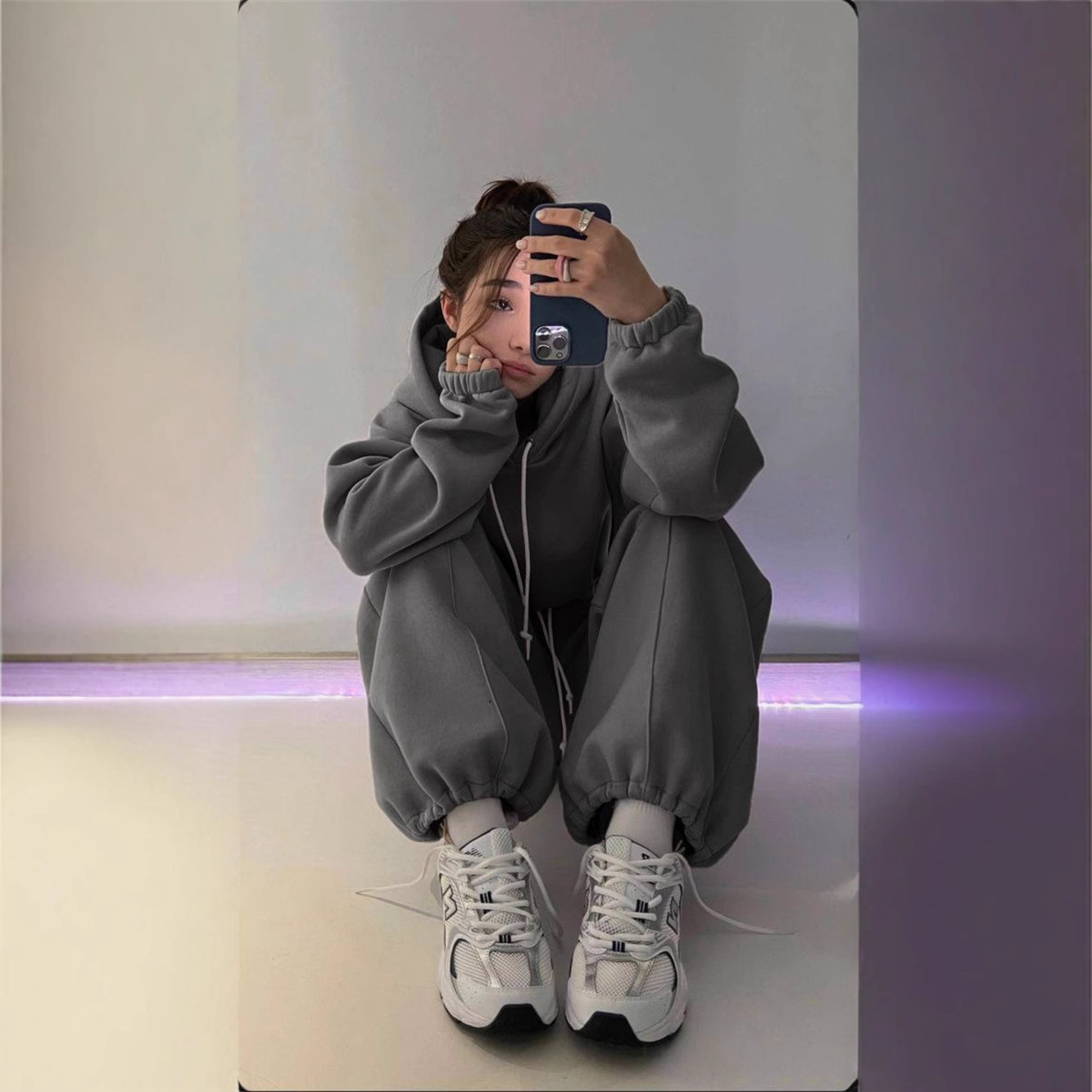 Women's Solid Color Hooded Long Sleeve Sweatshirt and Pants Set