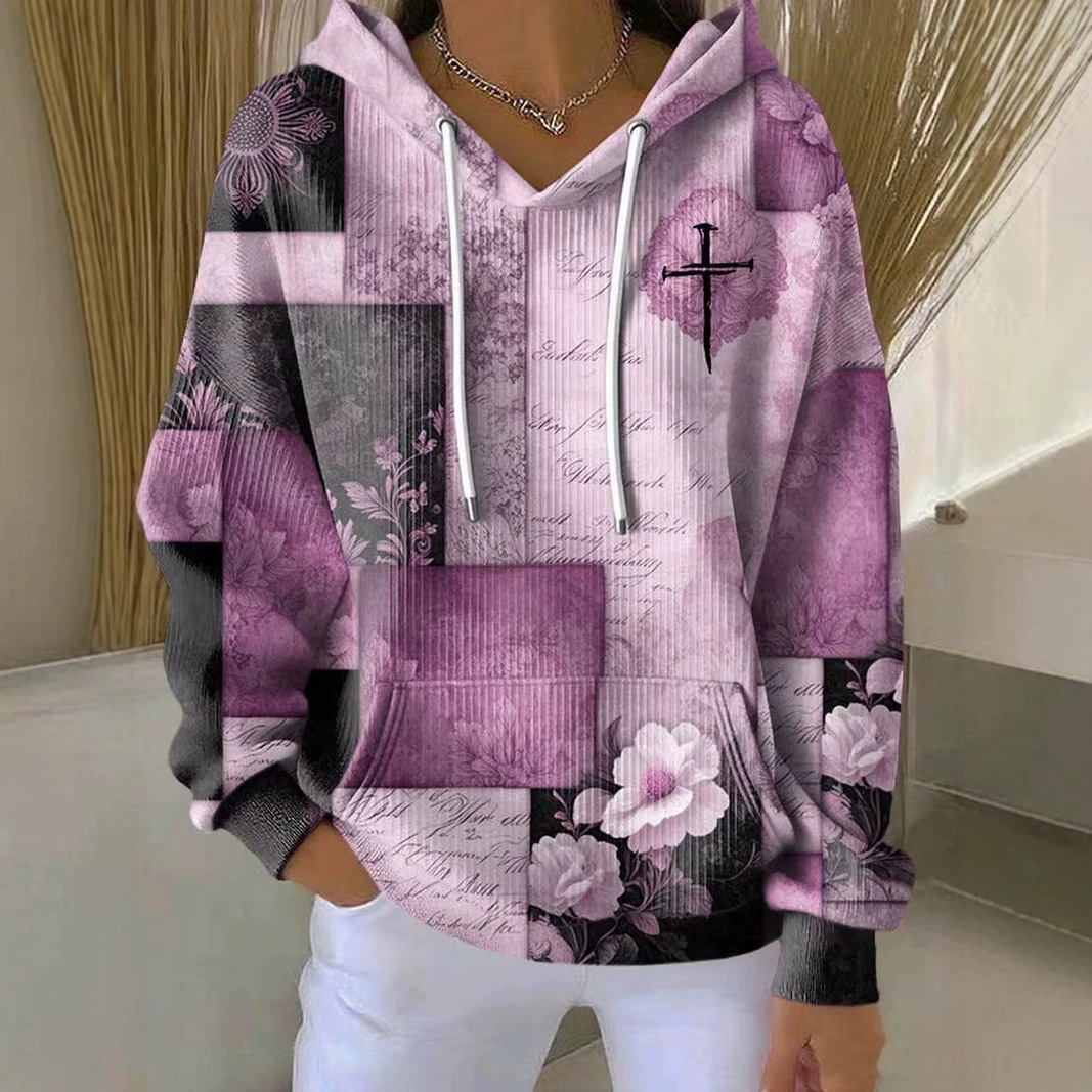 Women's Cross Colorblock Print Casual Hoodie