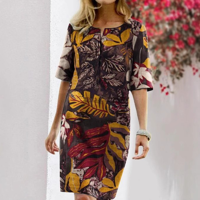 Floral Print Slit Round Neck Short Sleeve Vintage Dress