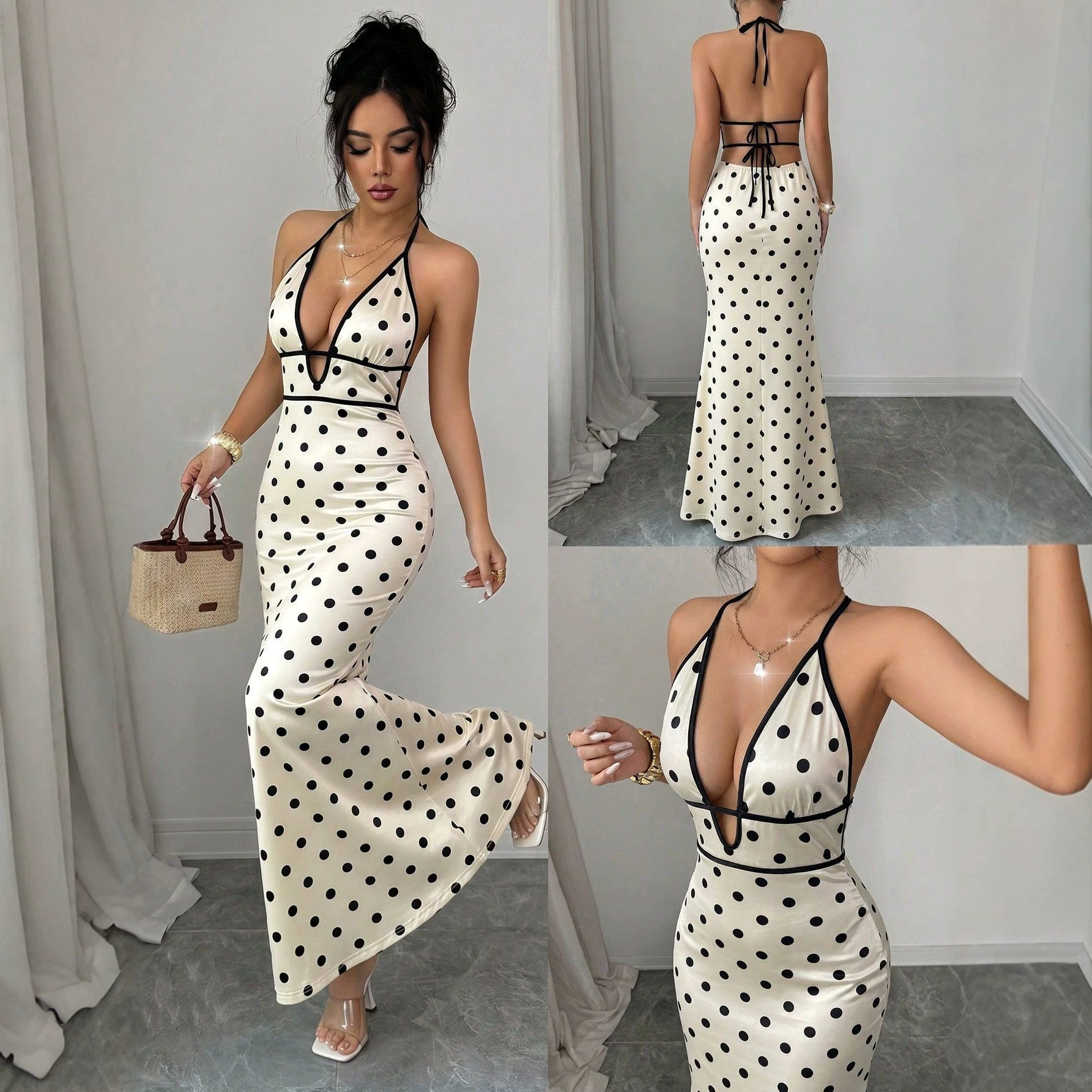 Polka Dot Halter Deep V Backless Tie Bodycon Maxi Dress