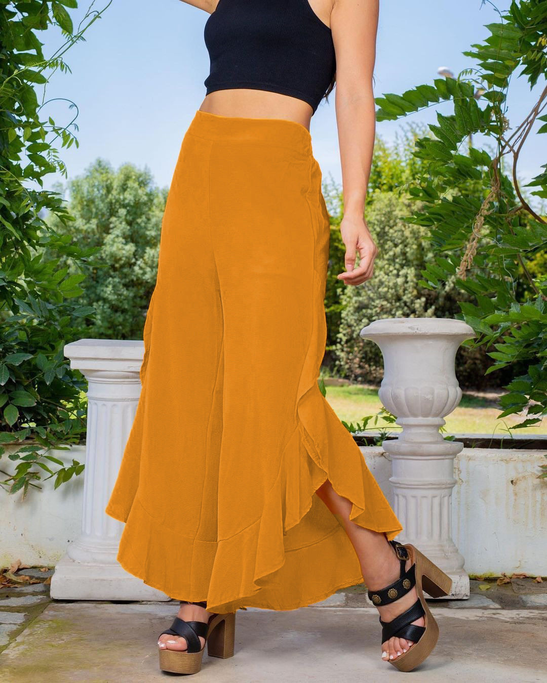 Solid Ruffle Wide-Leg Elastic Waist Casual Pants for Women