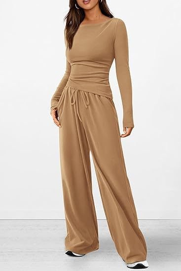 Asymmetric Long Sleeve T-Shirt & Wide Leg Pants Set