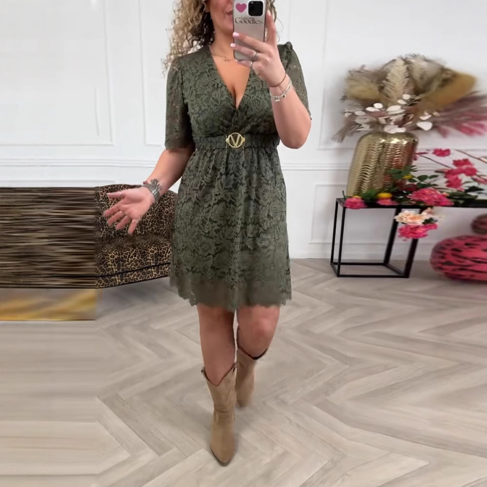 Women's Short Sleeve V-Neck Lace Midi Dress with Belt