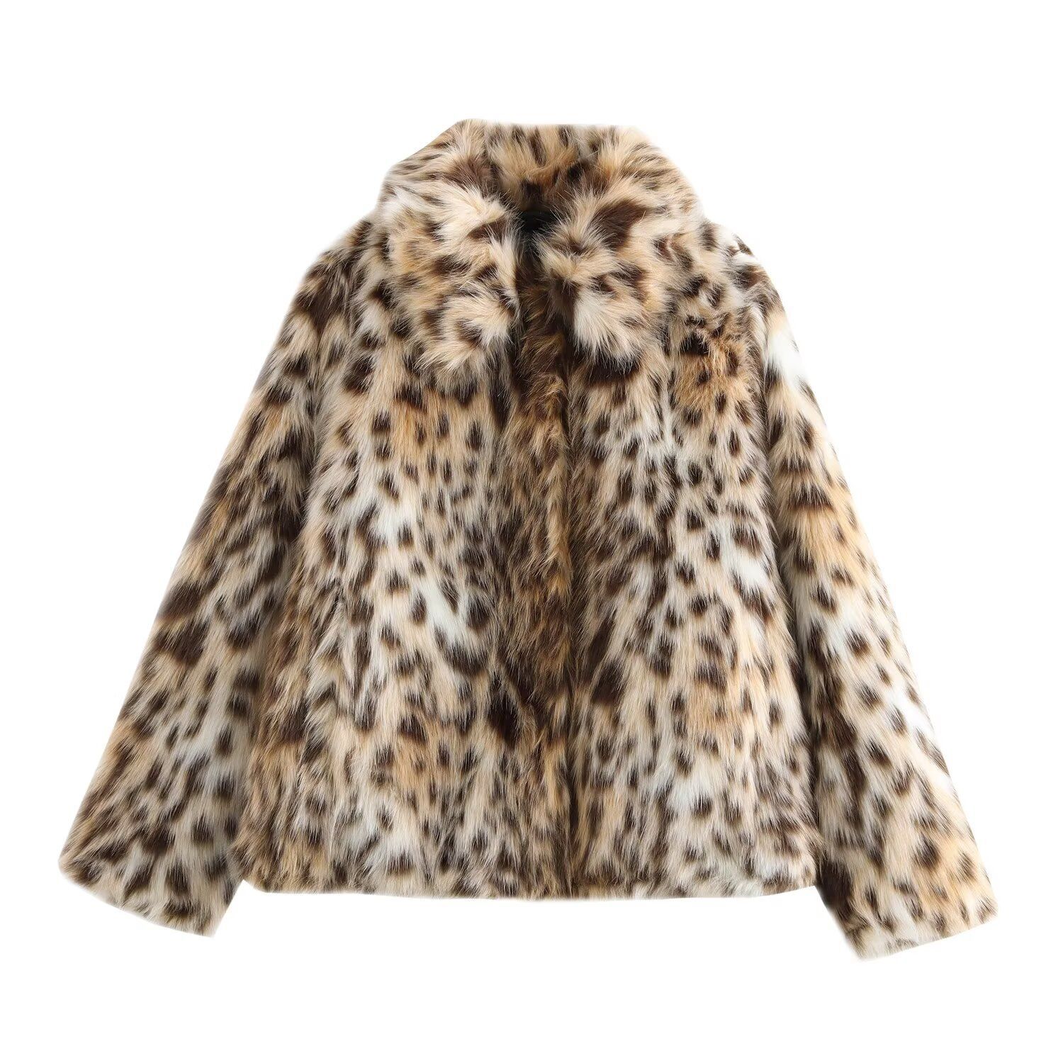 Leopard Print Faux Fur Coat Round Neck Long Sleeve Loose Fit