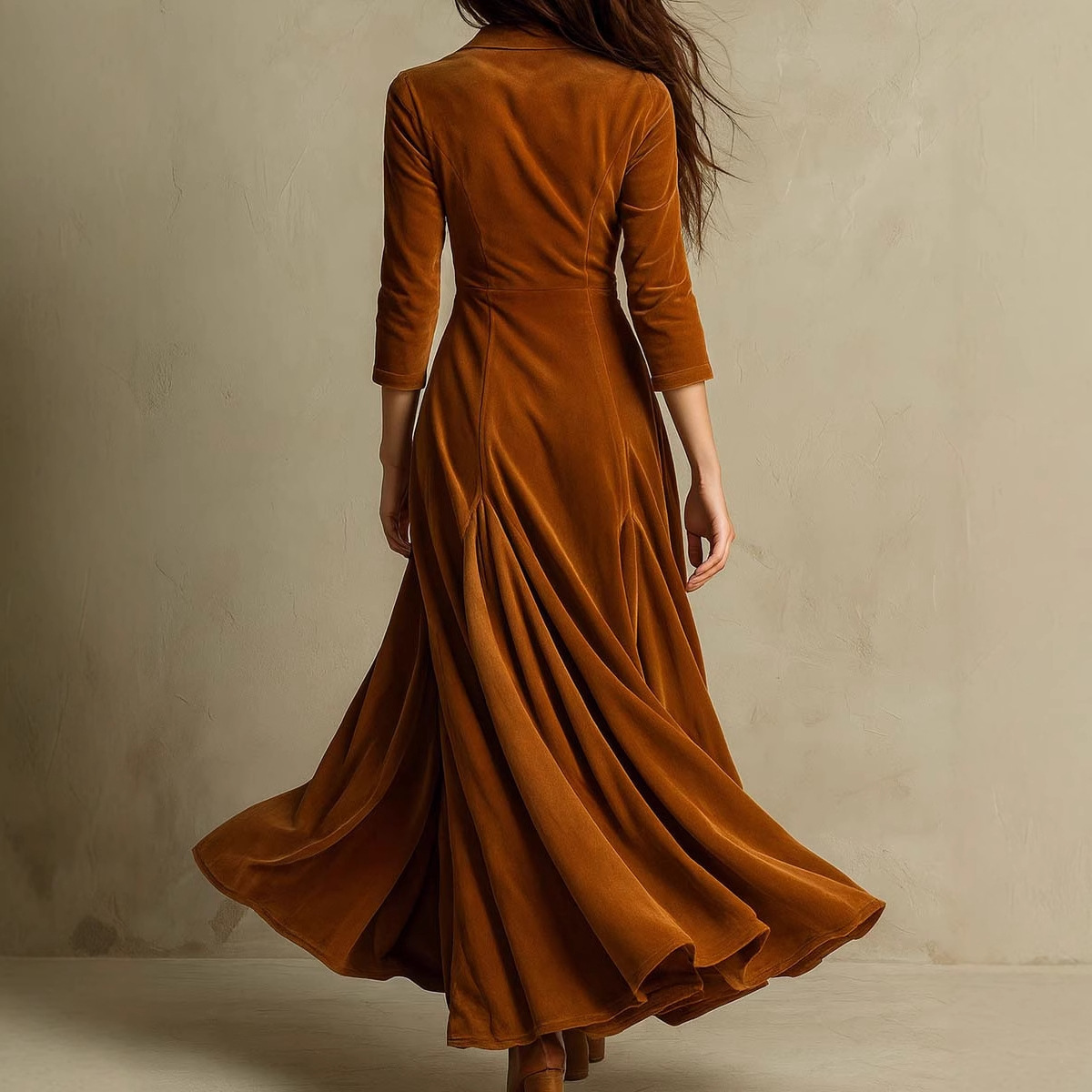Solid Button Lapel Three-Quarter Sleeve Long Dress with Cinched Waist