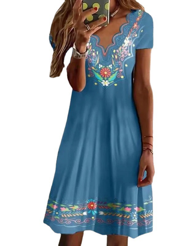 Women's Wave V-Neck Floral Print Short Sleeve Casual Dress