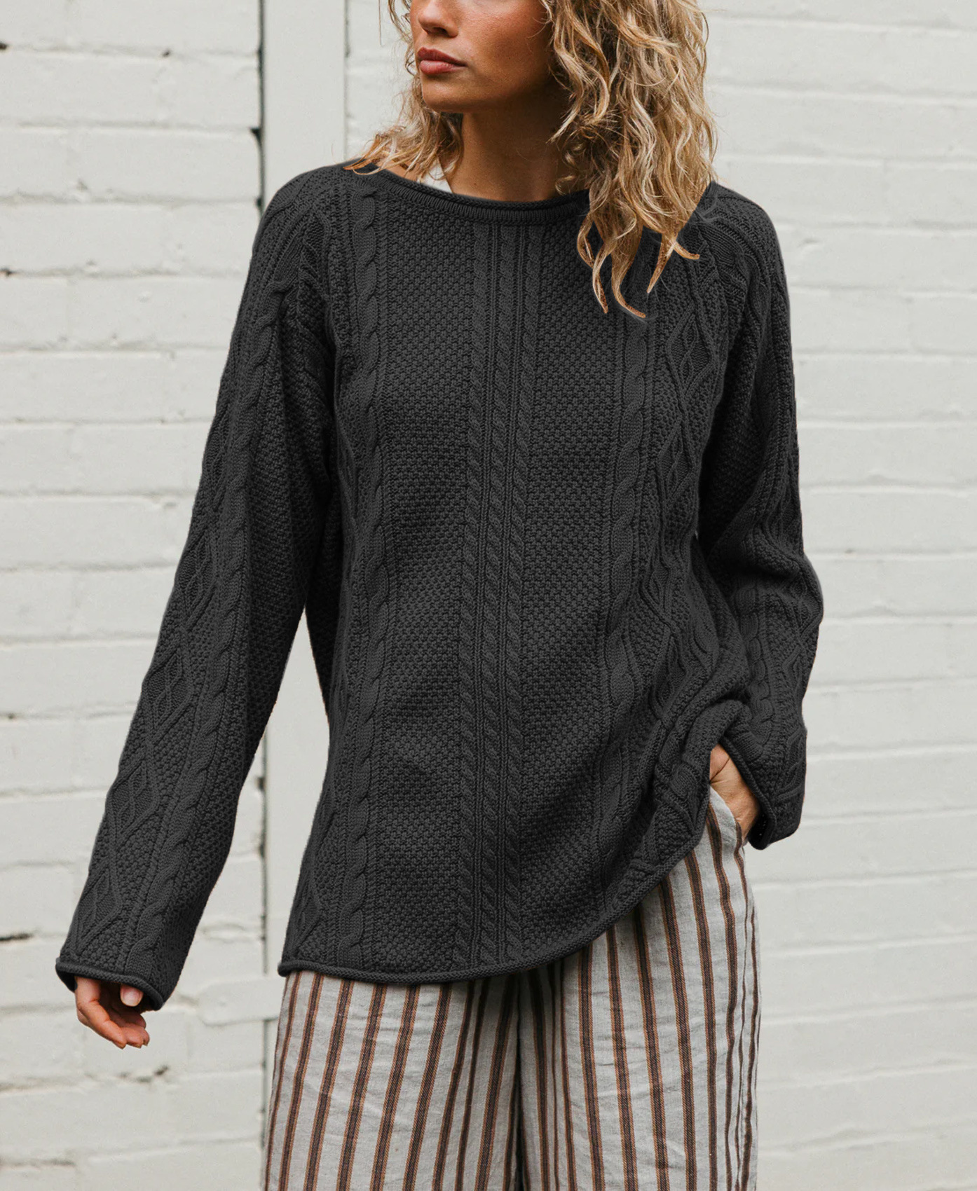 Women's Cable-Knit Sweater Crewneck Loose Fit Long Sleeve Pullover