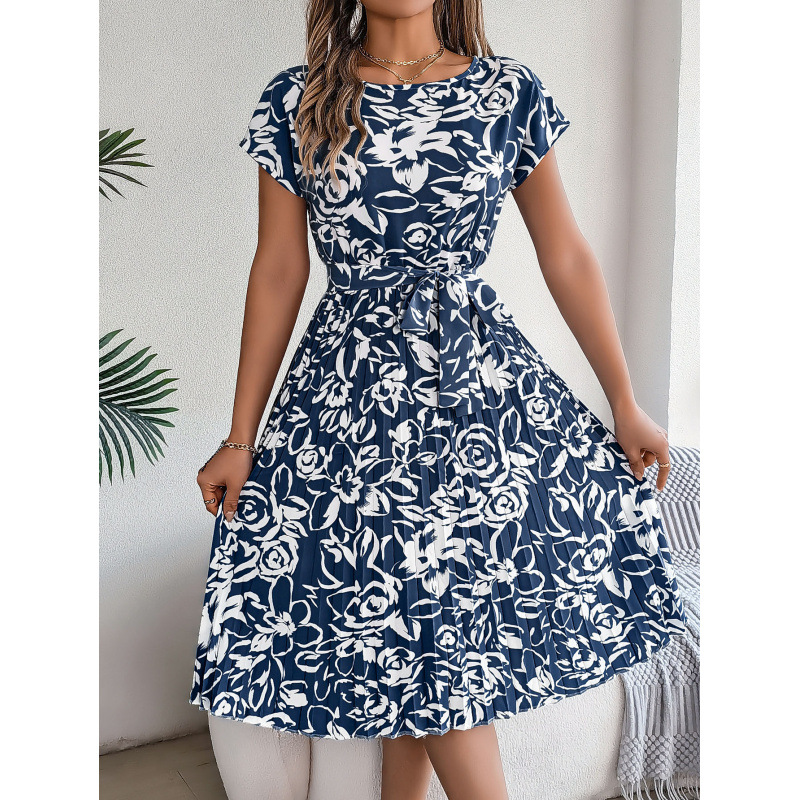 Women's Floral Tie-Waist Pleated Short-Sleeve Dress