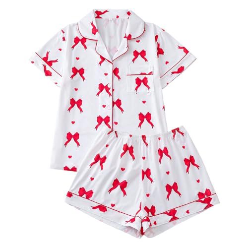 Women's Cuban Collar Short Sleeve Shirt Set with Ribbon Bow