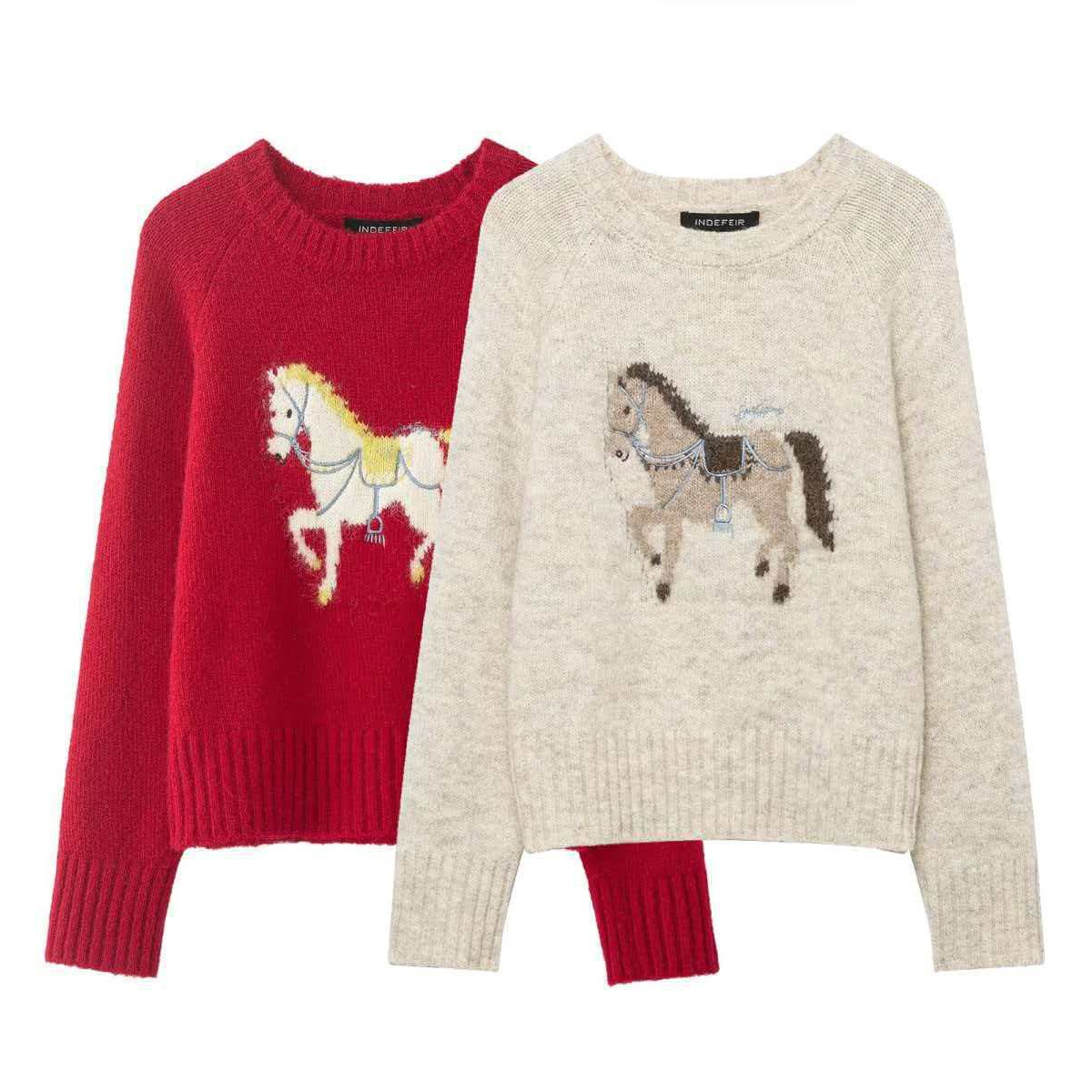 Women's Winter Crewneck Horse Jacquard Embroidered Sweater