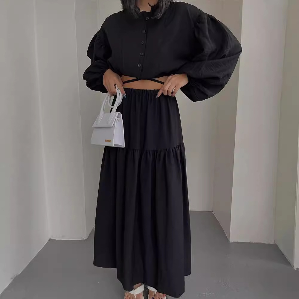Tie-Front Long-Sleeve Top and Pleated Slit Midi Skirt Set