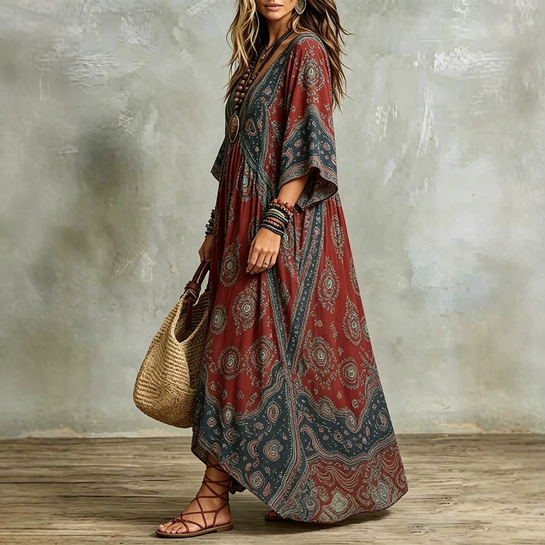 Bohemian Sleeveless V-Neck Printed Maxi Dress Retro Style