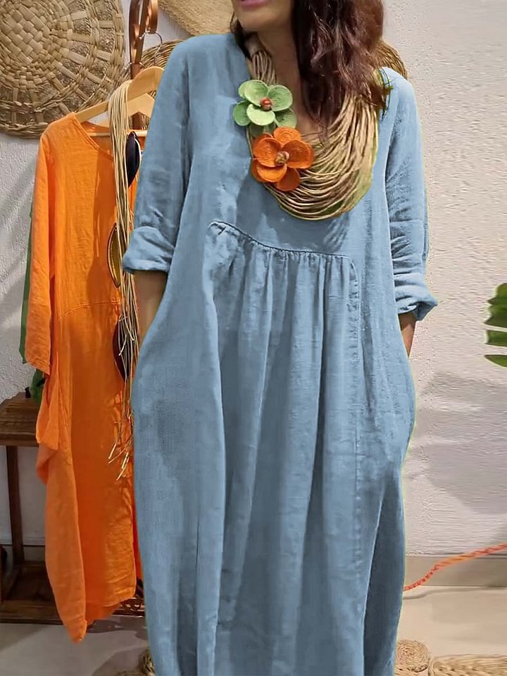 Women's V-Neck Cotton-Linen Casual Dress Solid Color A-Line Midi