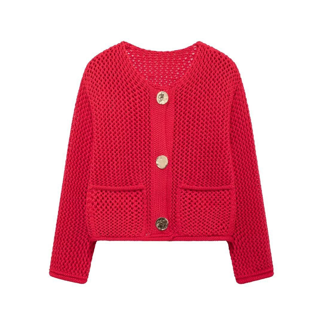 Women's Solid Color Button-Up Knit Cardigan with Pockets Crew Neck Long Sleeve Chunky Sweater Coat